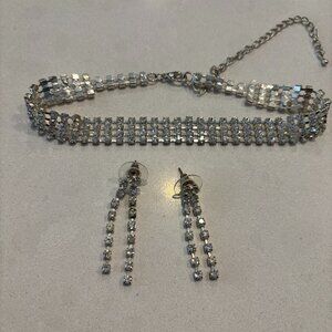 Rhinestone Choker Necklace and Dangle Earrings Set